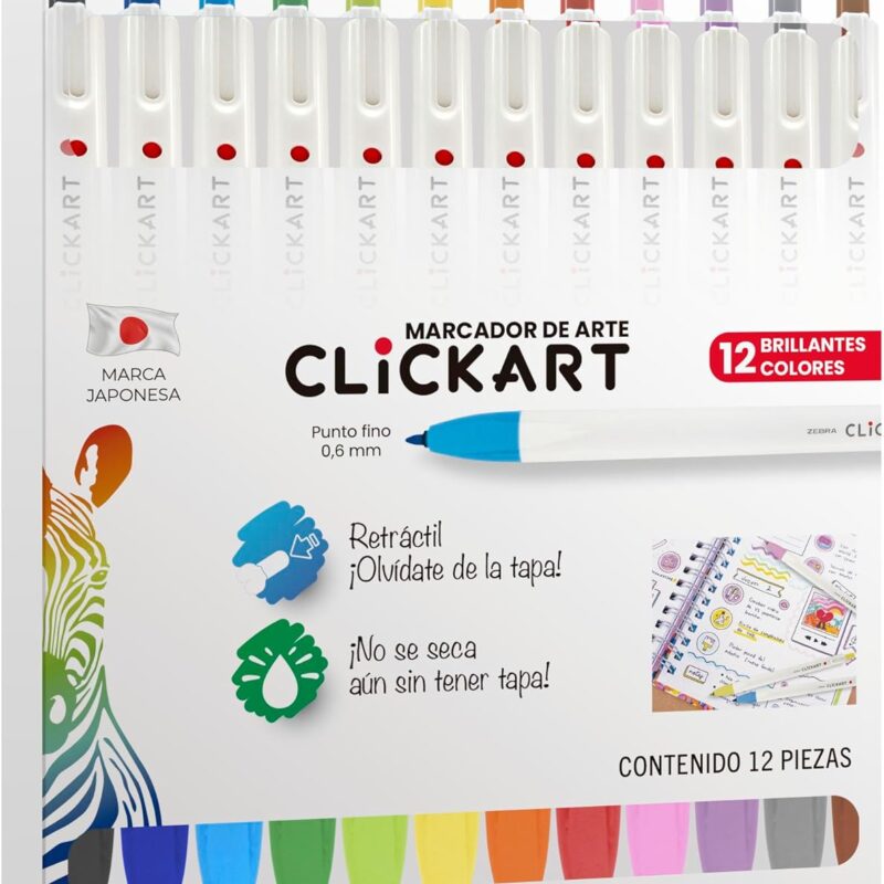 Marcador Clickart Plumón Retráctil Punto Fino Estuche 12 Piezas