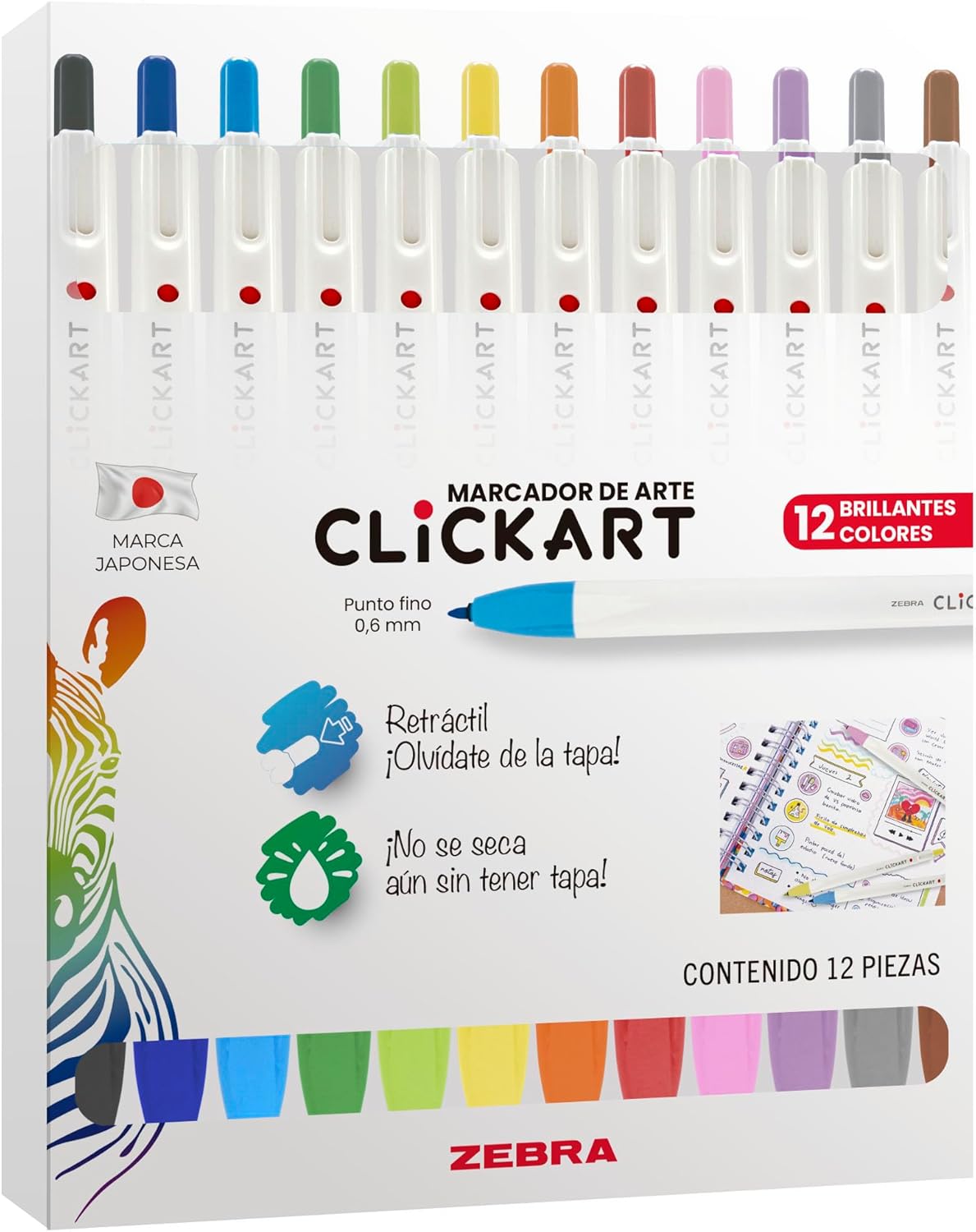 Marcador Clickart Plumón Retráctil Punto Fino Estuche 12 Piezas