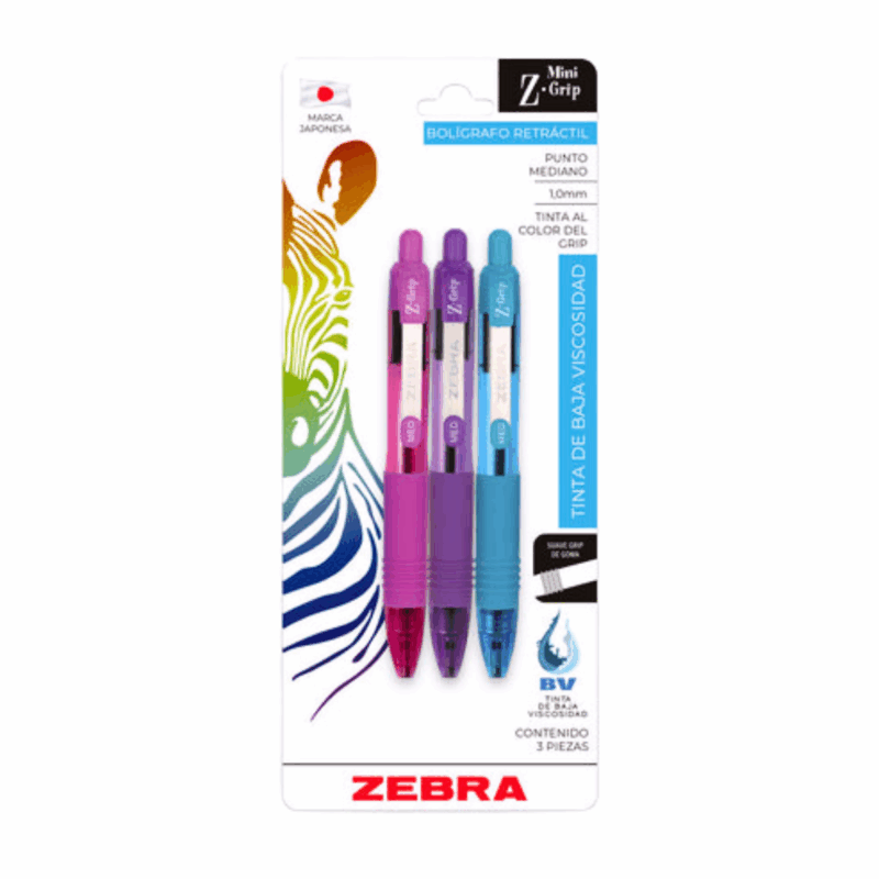 3 Bolígrafos Retráctiles Mini Z-Grip Colores Vibrantes – Zebra